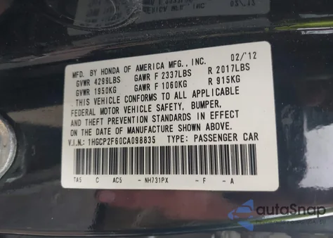 2012 Honda Accord 2.4 Se z USA, uszkodzony, nr VIN 1HGCP2F60CA098835
